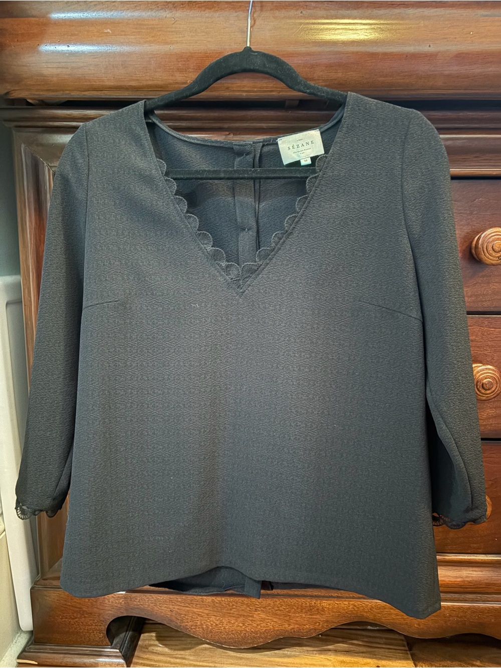 Sezane Black Scalloped V-Neck Blouse